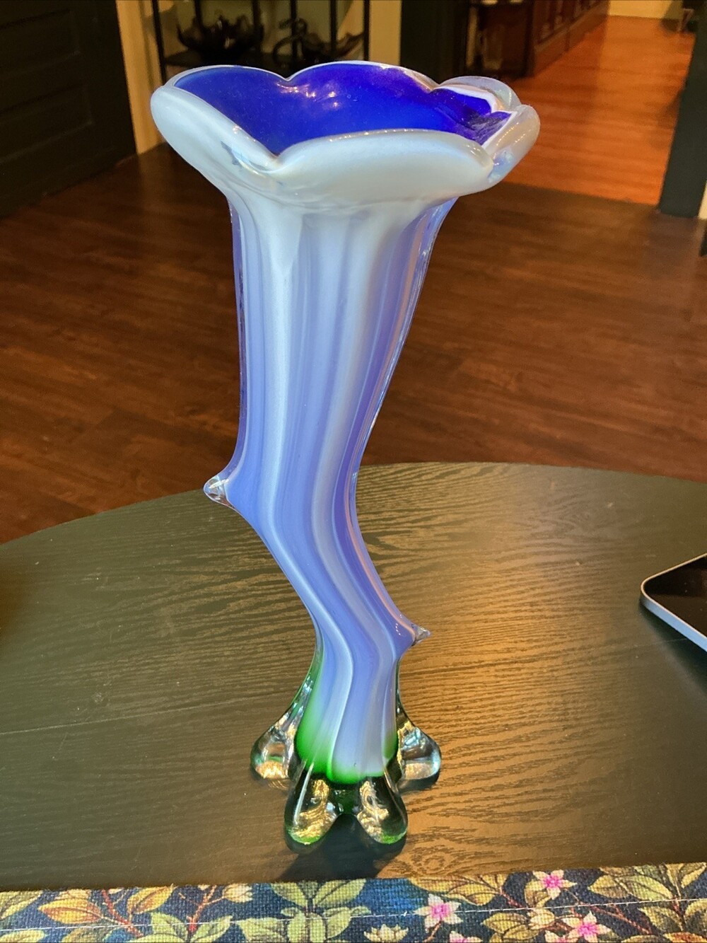12” Green Blue & White Blown Glass Vase Twig Swung Glass Art